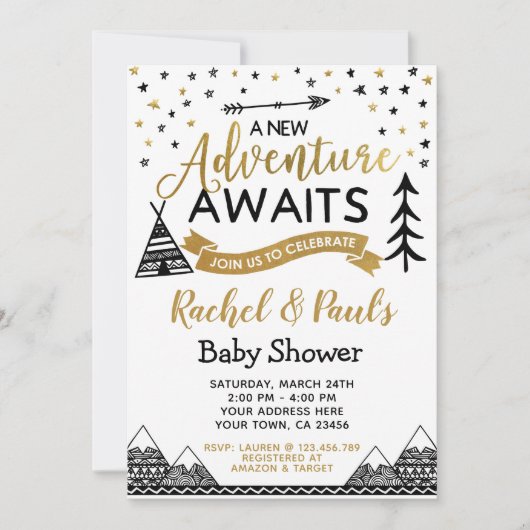 赤ちゃんシャワーを待つ新しい冒険招待状 招待状 (正面)
