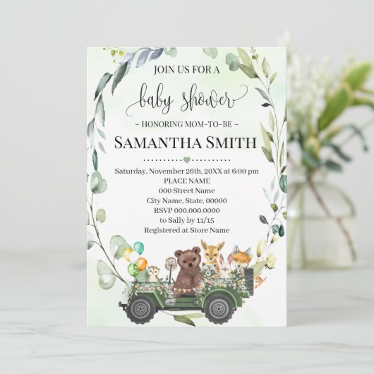 赤ちゃんシャワーを通して森の動物ドライブ 招待状 (スタンド正面)