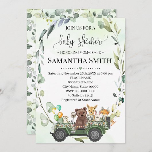 赤ちゃんシャワーを通して森の動物ドライブ 招待状 (正面/裏面)