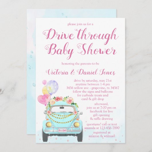 赤ちゃんシャワーを通して車で女の子をドライブ 招待状 (正面/裏面)