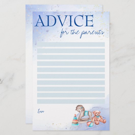 赤ちゃんシャワーアドバイスの親ゲーム青 便箋 (正面/裏面)
