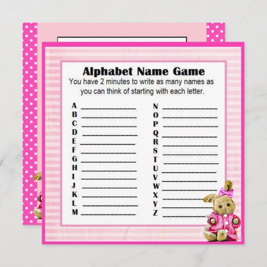 赤ちゃんシャワーアルファベット名&ビンゴゲームピンクバニー 招待状 (正面/裏面)