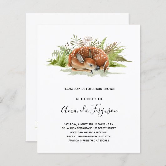 赤ちゃんシャワーウッドランドの森林の鹿の予算招待 (正面/裏面)