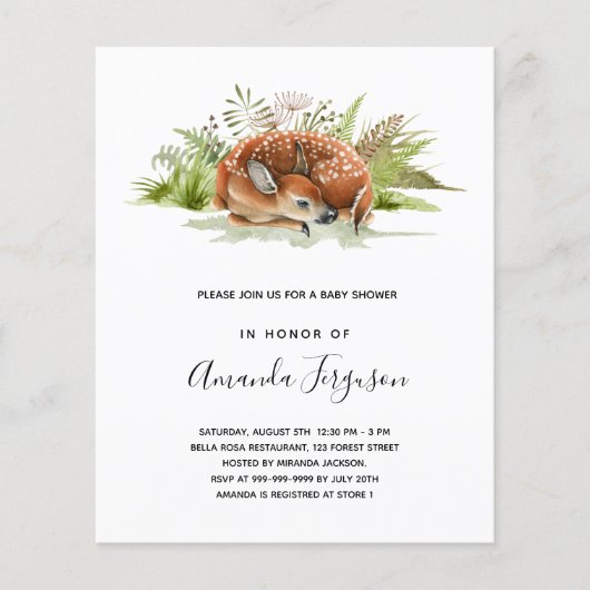 赤ちゃんシャワーウッドランドの森林の鹿の予算招待 (正面)