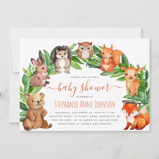 赤ちゃんシャワーウッドランド動物の水の色アーチかわいい 招待状 (正面)