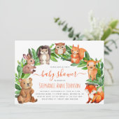 赤ちゃんシャワーウッドランド動物の水の色アーチかわいい 招待状 (スタンド正面)