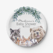 赤ちゃんシャワーウッドランド動物の水色の葉 ペーパープレート (正面)