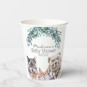 赤ちゃんシャワーウッドランド動物の水色の葉 紙コップ (裏面)