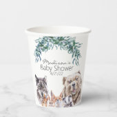 赤ちゃんシャワーウッドランド動物の水色の葉 紙コップ (正面)