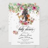 赤ちゃんシャワーウッドランド動物フローラピンクガール 招待状 (正面/裏面)