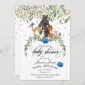 赤ちゃんシャワーウッドランド動物フローラブルーボーイ 招待状 (正面/裏面)