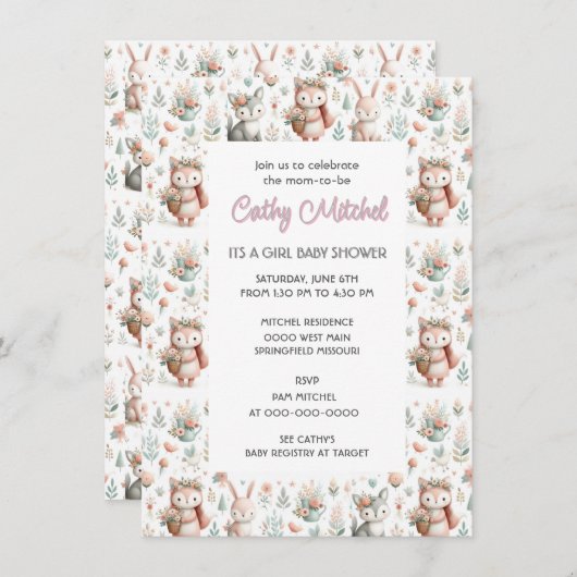 赤ちゃんシャワーウッドランド動物 招待状 (正面/裏面)