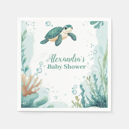 赤ちゃんシャワーウミガメの水色 スタンダードカクテルナプキン (正面)