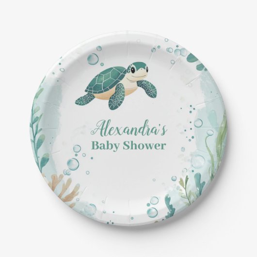 赤ちゃんシャワーウミガメの水色 ペーパープレート (正面)
