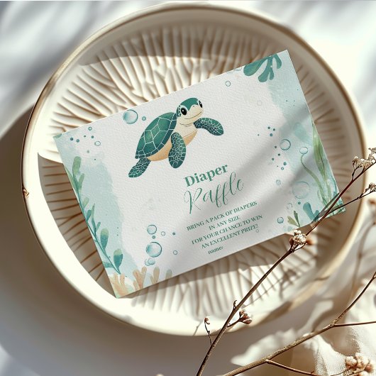 赤ちゃんシャワーウミガメ水色おむつラッフル エンクロージャーカード