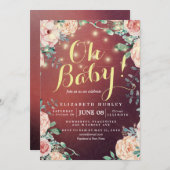 赤ちゃんシャワーエレガントフローラストリングライトバーガンディ 招待状 (正面/裏面)