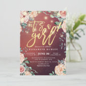 赤ちゃんシャワーエレガントフローラストリングライトバーガンディ 招待状 (スタンド正面)