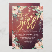 赤ちゃんシャワーエレガントフローラストリングライトバーガンディ 招待状 (正面/裏面)