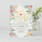 赤ちゃんシャワーエレガント水カラーフローラ金ゴールドスクリプト 招待状 (スタンド正面)