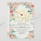 赤ちゃんシャワーエレガント水カラーフローラ金ゴールドスクリプト 招待状 (正面/裏面)