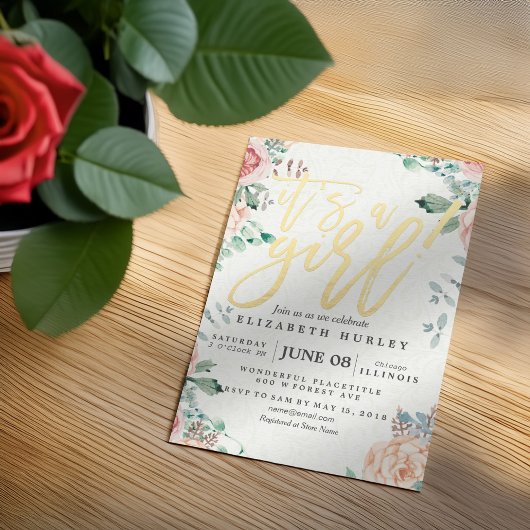 赤ちゃんシャワーエレガント水カラーフローラ金ゴールドスクリプト 招待状