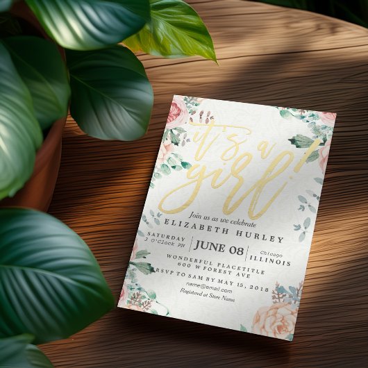 赤ちゃんシャワーエレガント水カラーフローラ金ゴールドスクリプト 招待状