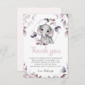 赤ちゃんシャワーエレファントピンクバイオレット サンキューカード (正面/裏面)