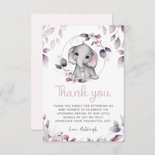 赤ちゃんシャワーエレファントピンクバイオレット サンキューカード (正面/裏面)