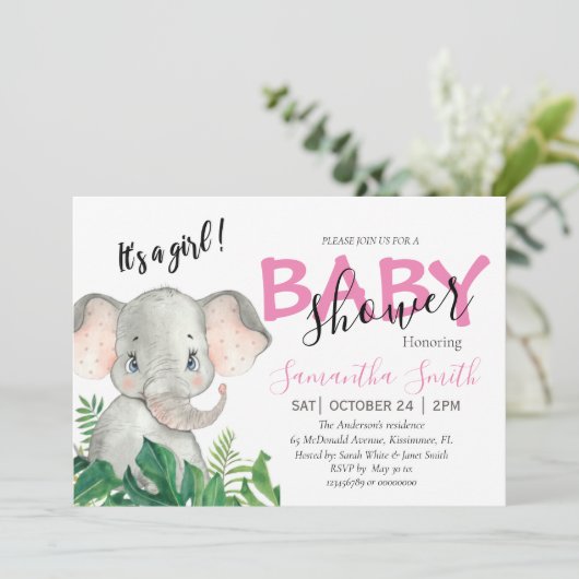 赤ちゃんシャワーエレファントピンク 案内状 (スタンド正面)
