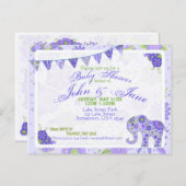 赤ちゃんシャワーエレファントフラワーパープル インビテーションポストカード (正面/裏面)