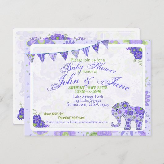 赤ちゃんシャワーエレファントフラワーパープル インビテーションポストカード (正面/裏面)