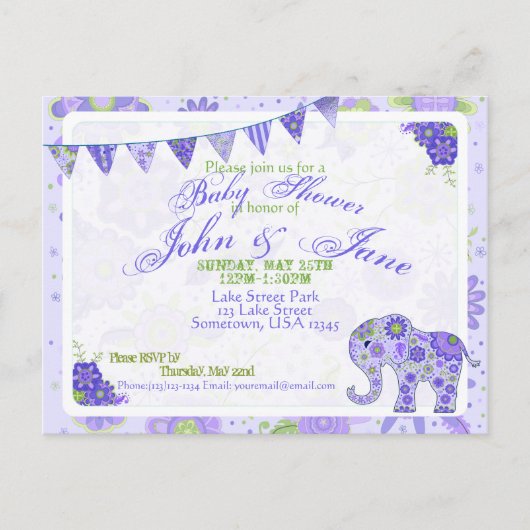赤ちゃんシャワーエレファントフラワーパープル インビテーションポストカード (正面)