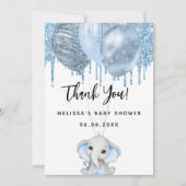 赤ちゃんシャワーエレファントボーイ青い白サンキューカード 招待状 (正面)