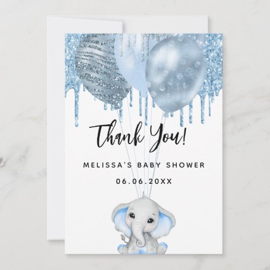 赤ちゃんシャワーエレファントボーイ青い白サンキューカード 招待状 (正面)