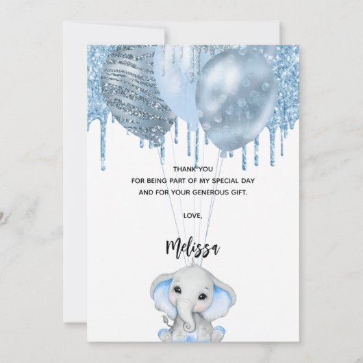 赤ちゃんシャワーエレファントボーイ青い白サンキューカード 招待状 (裏面)