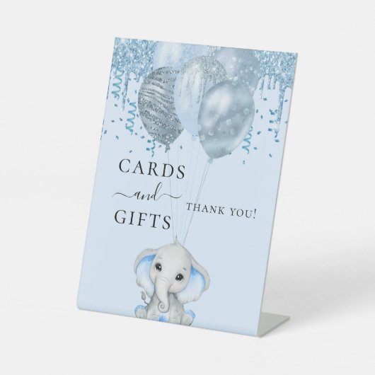 赤ちゃんシャワーエレファントボーイ青い風船カードギフト 台座サイン (正面)