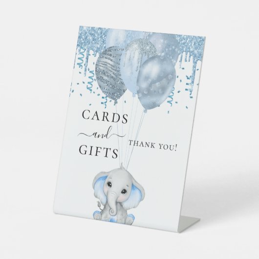 赤ちゃんシャワーエレファントボーイ青い風船ホワイトギフト 台座サイン (正面)