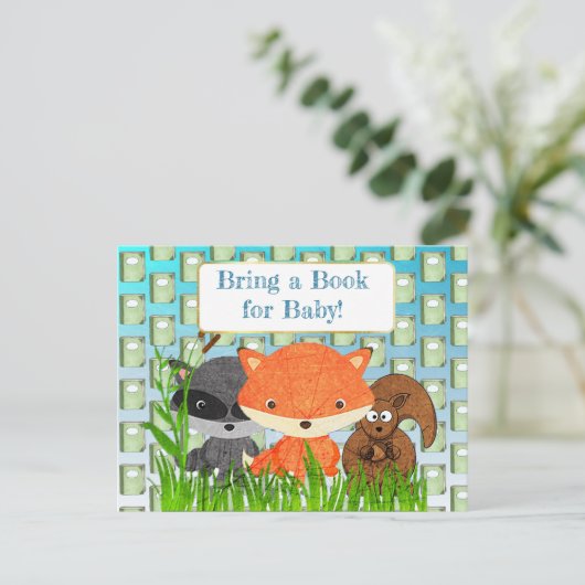 赤ちゃんシャワーカードベビー用の本を持って来る インビテーションポストカード (スタンド正面)