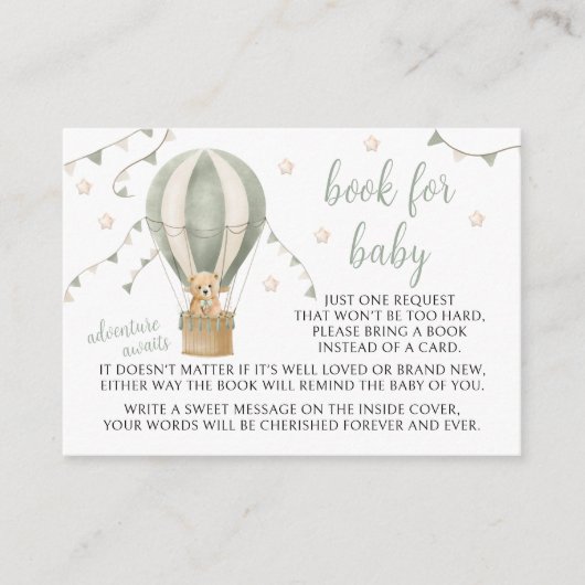 赤ちゃんシャワーカード用グリーンテディ風船ブック エンクロージャーカード (正面)
