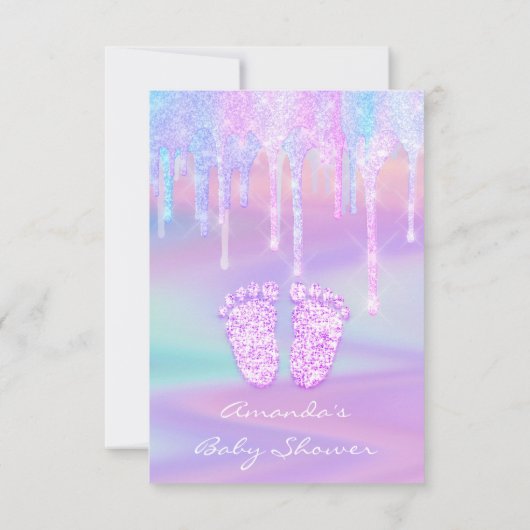 赤ちゃんシャワーガーリー足ドリップホログラフユニコーンピンク 招待状 (裏面)