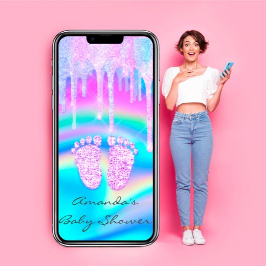 赤ちゃんシャワーガーリー足ドリップユニコーンホログラフオパール 招待状