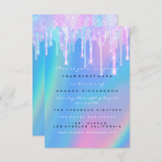 赤ちゃんシャワーガーリー足ホログラフユニコーンピンク足 招待状 (正面/裏面)