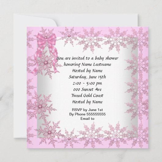赤ちゃんシャワーガールかわいらしピンク雪の結晶パピー2 招待状 (裏面)