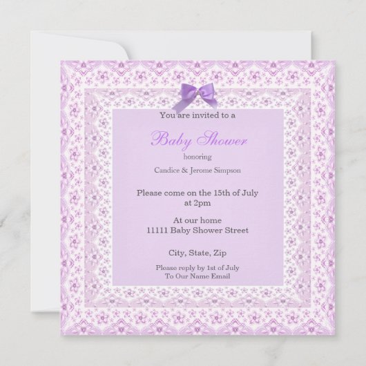 赤ちゃんシャワーガールかわいらしラベンダーレースエスニック 招待状 (裏面)