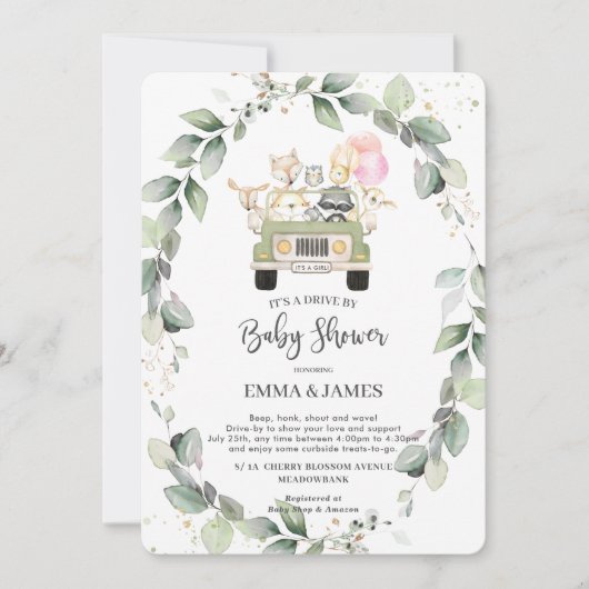赤ちゃんシャワーガールによる緑の森のドライブ 招待状 (正面)