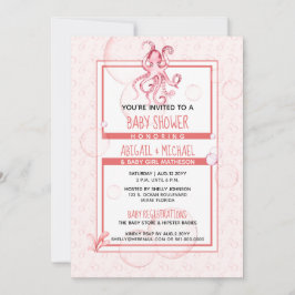 赤ちゃんシャワーガールコーラル&ピンク水彩タコ 招待状