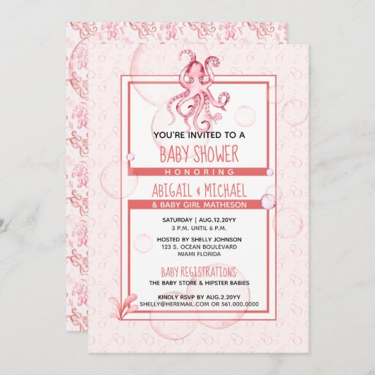 赤ちゃんシャワーガールコーラル&ピンク水彩タコ 招待状 (正面/裏面)