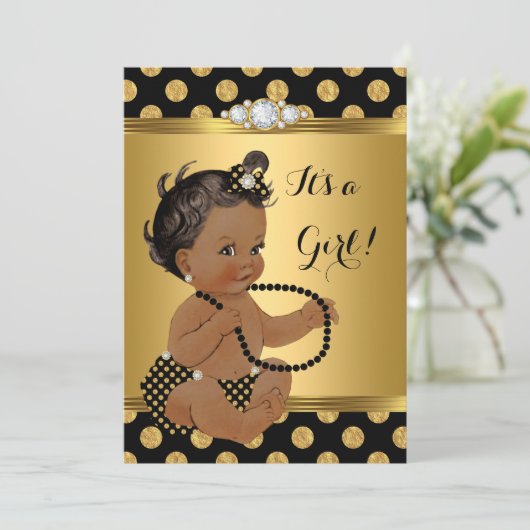 赤ちゃんシャワーガールゴールドフォイルブラックパールエスニック 招待状 (スタンド正面)
