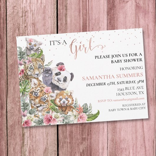 赤ちゃんシャワーガールトロピカルキュートなジャングル動物 招待状