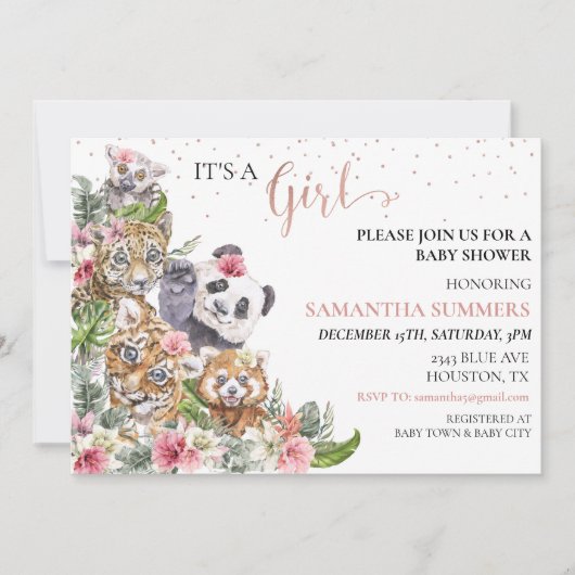 赤ちゃんシャワーガールトロピカルキュートなジャングル動物 招待状 (正面)
